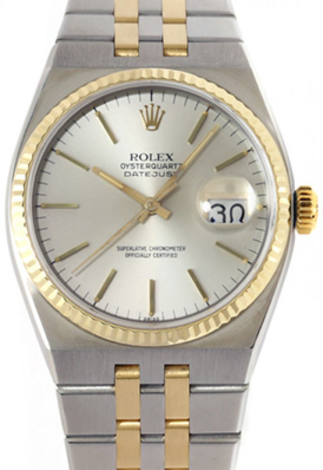 Rolex 17013 Yellow Gold & Steel on Oysterquartz, Fluted Bezel Silver with Gold Index